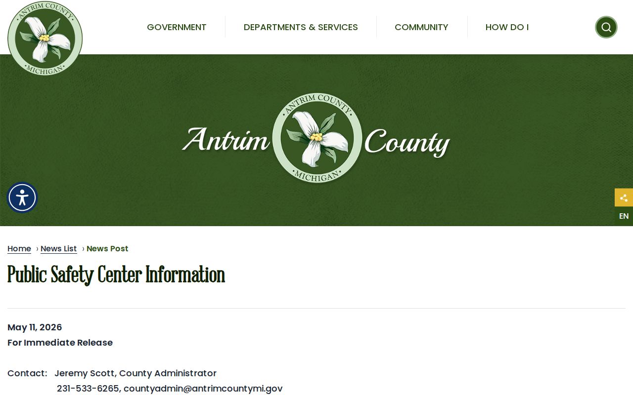 Future Antrim County Public Safety Center and correctional facility release context