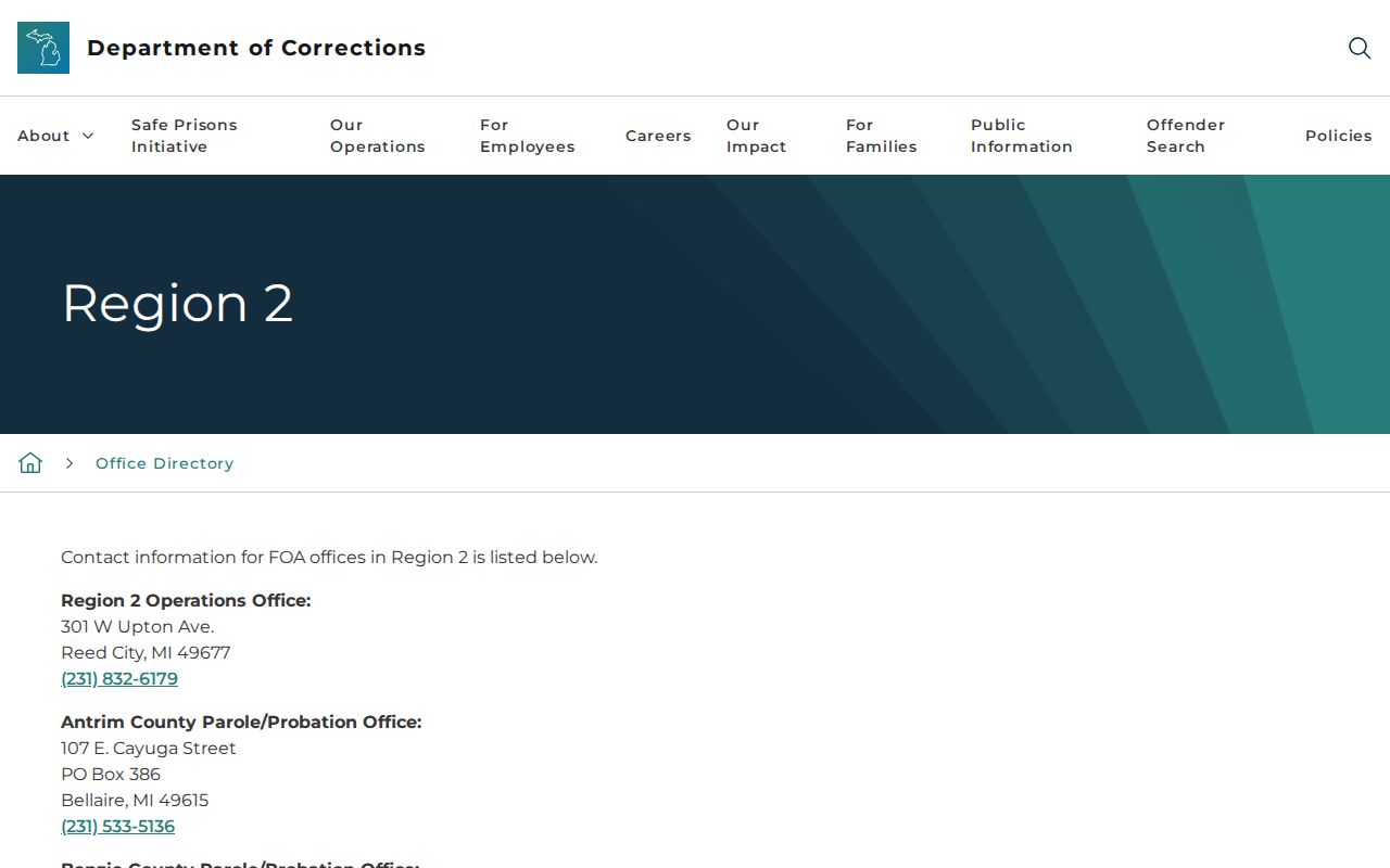 MDOC Region 2 directory entry for the Antrim County parole and probation office in Bellaire