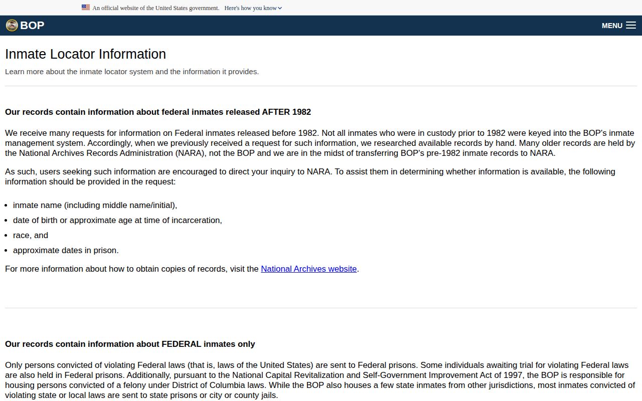 BOP released label definitions for Antrim County federal inmate records