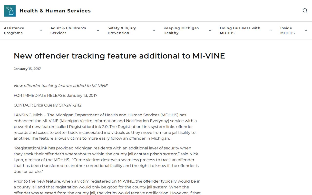Michigan RegistrationLink explanation for continuing VINE notification from county jail to MDOC