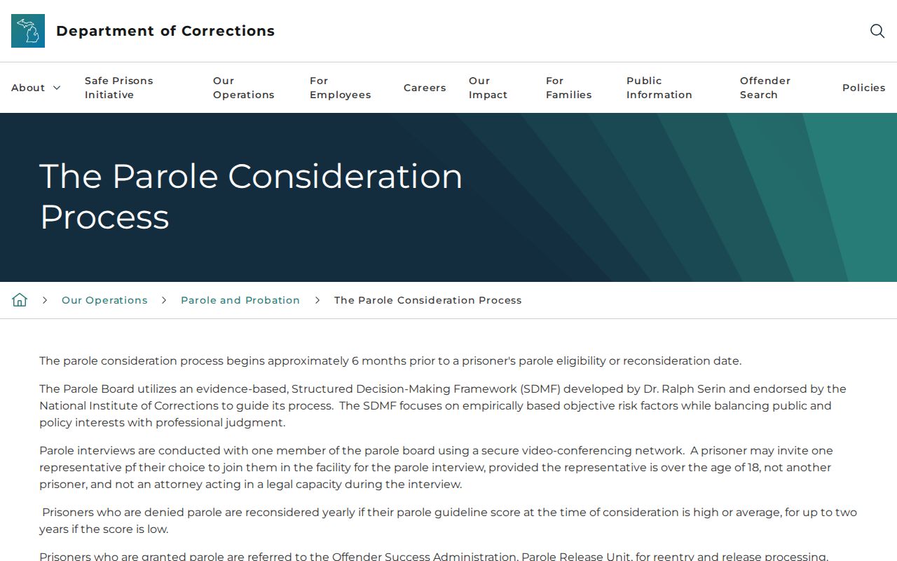 Michigan Department of Corrections parole consideration process page