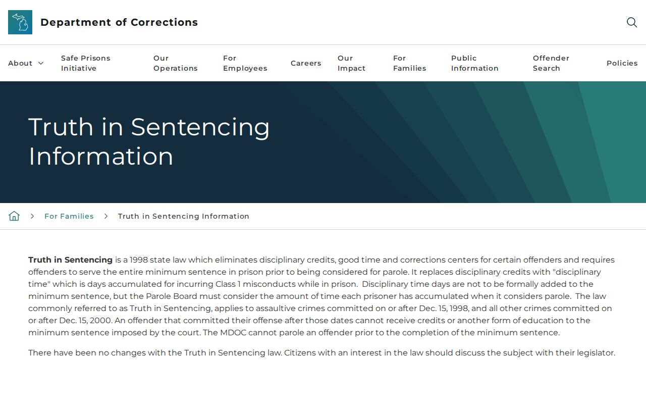 Michigan truth in sentencing rules for Antrim County projected release dates