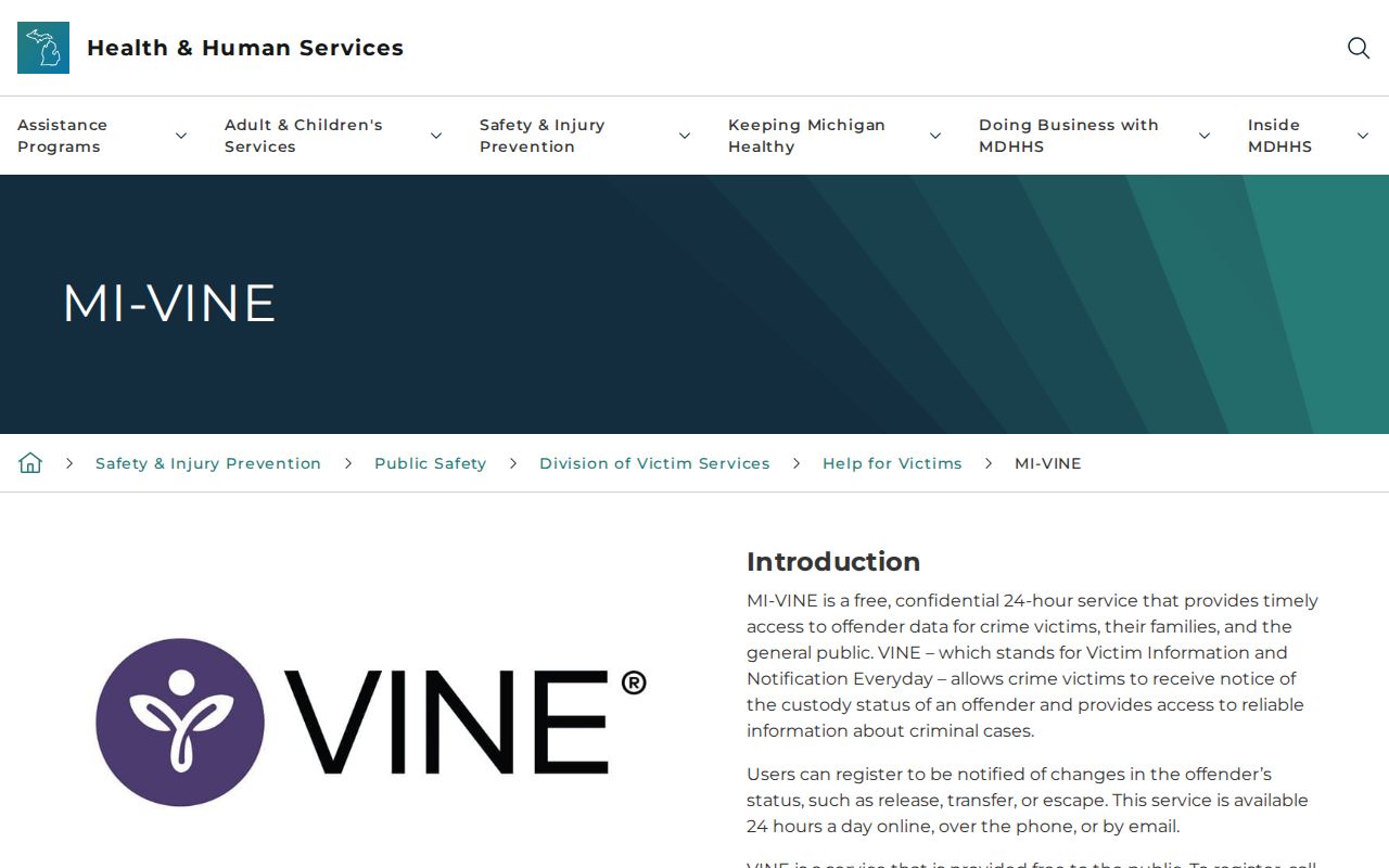 Michigan MI-VINE custody information and notification service page