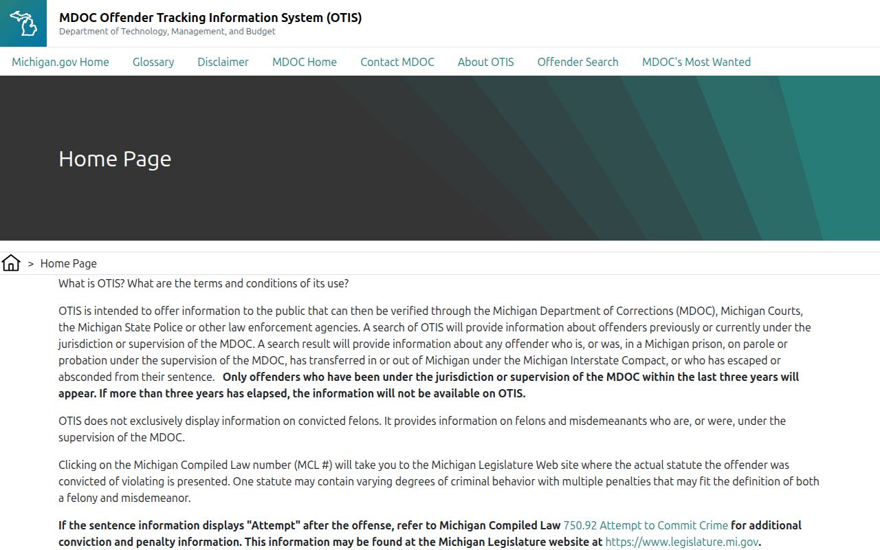 Michigan OTIS search form with parole, probation, discharge, and absconder filters